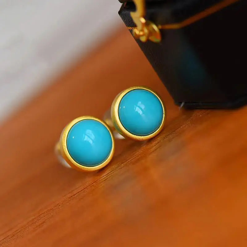Silver Inlaid Turquoise Round Earrings, Retro Sand Gold Light Luxury Jewelry