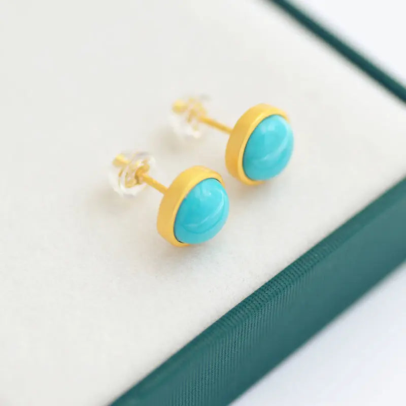 Silver Inlaid Turquoise Round Earrings, Retro Sand Gold Light Luxury Jewelry
