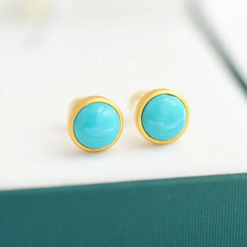 Silver Inlaid Turquoise Round Earrings, Retro Sand Gold Light Luxury Jewelry