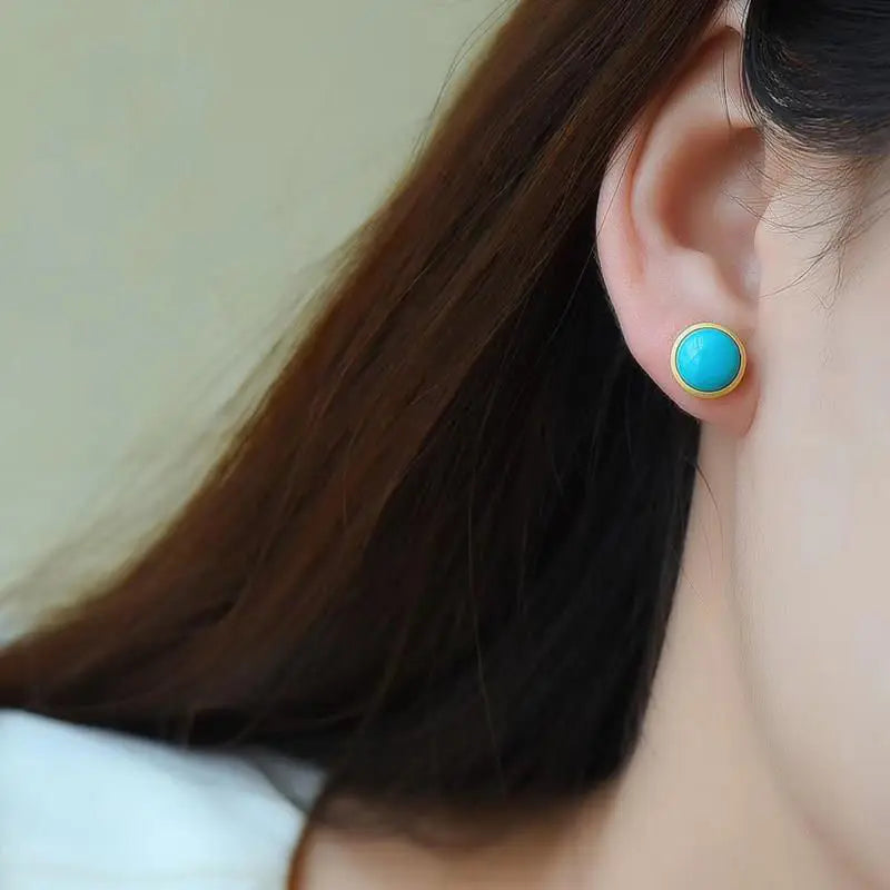 Silver Inlaid Turquoise Round Earrings, Retro Sand Gold Light Luxury Jewelry