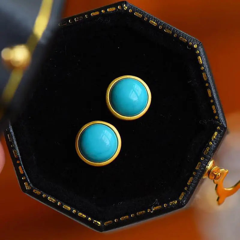 Silver Inlaid Turquoise Round Earrings, Retro Sand Gold Light Luxury Jewelry