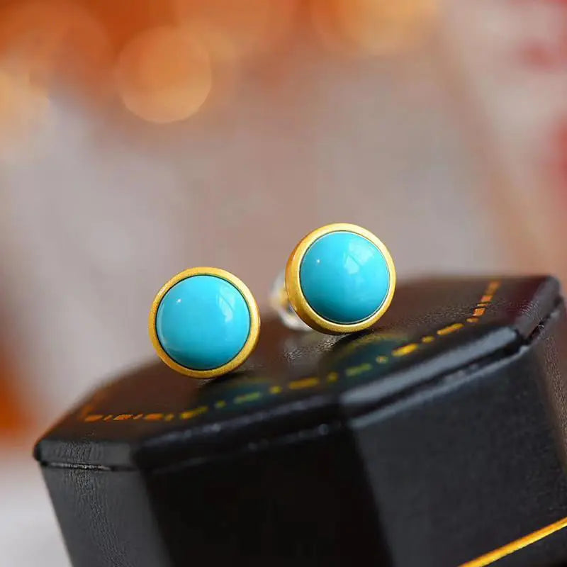Silver Inlaid Turquoise Round Earrings, Retro Sand Gold Light Luxury Jewelry