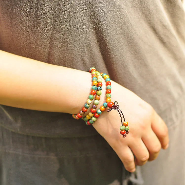 6mm Ceramic Bead Strand Chakra Bracelet, Bohemian Prayer Bead Art Jewelry