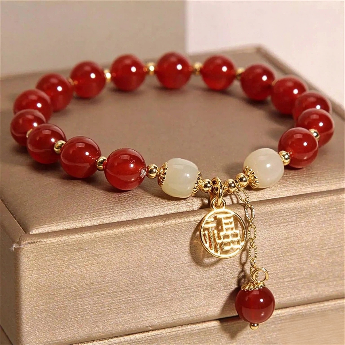 Natural Red Jade Beaded Bracelet , Luxury Gemstone Amulet Talisman Designer Charm Jewelry