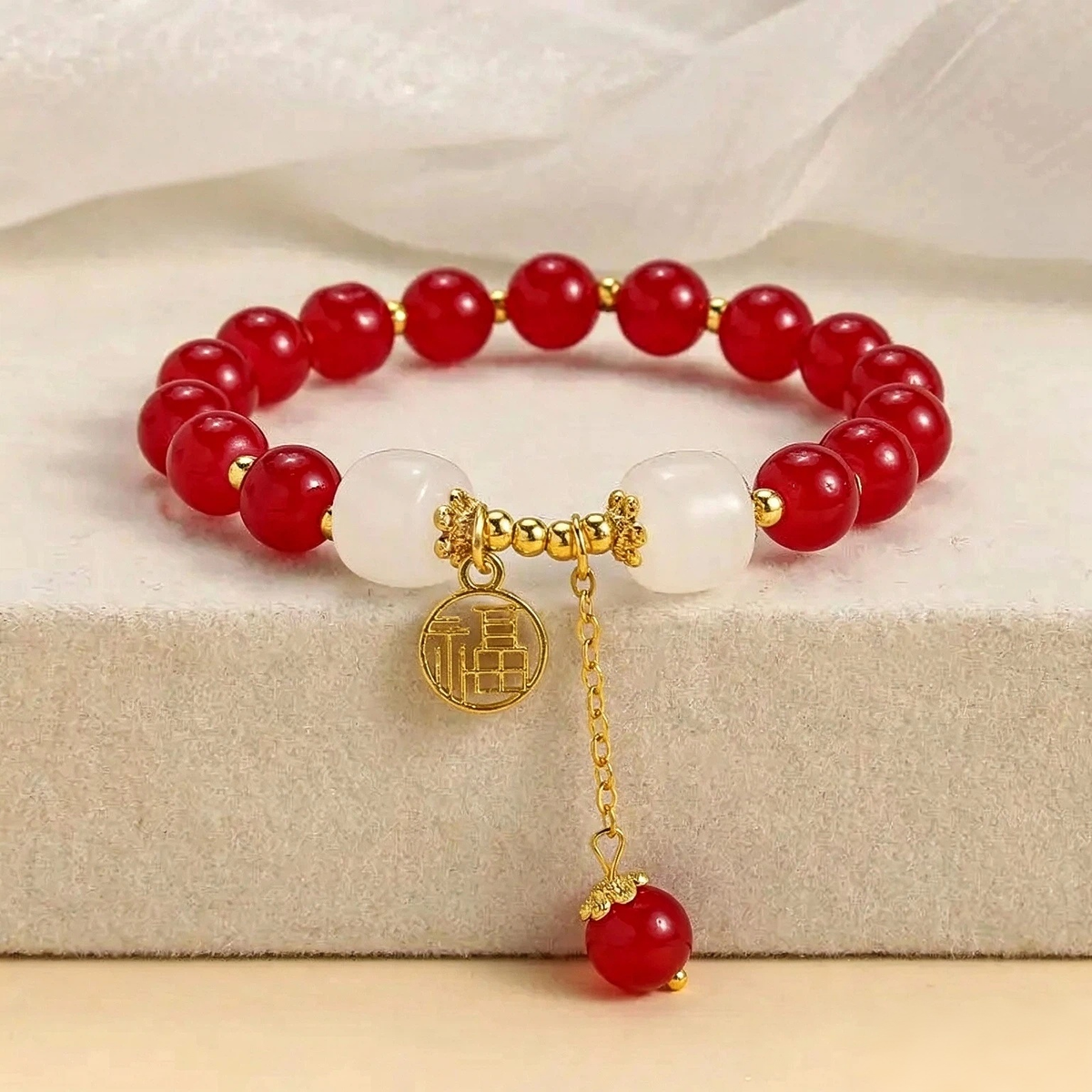 Natural Red Jade Beaded Bracelet , Luxury Gemstone Amulet Talisman Designer Charm Jewelry
