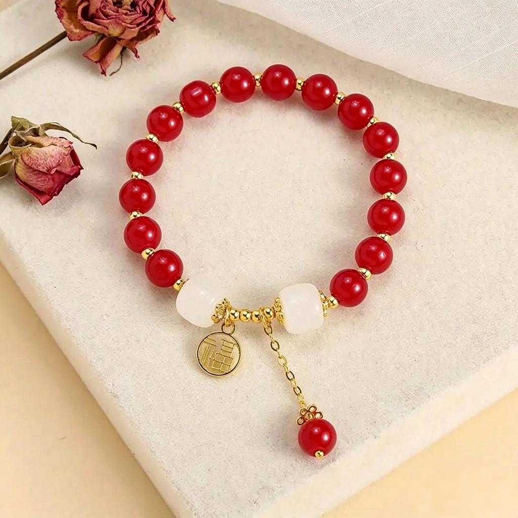 Natural Red Jade Beaded Bracelet , Luxury Gemstone Amulet Talisman Designer Charm Jewelry
