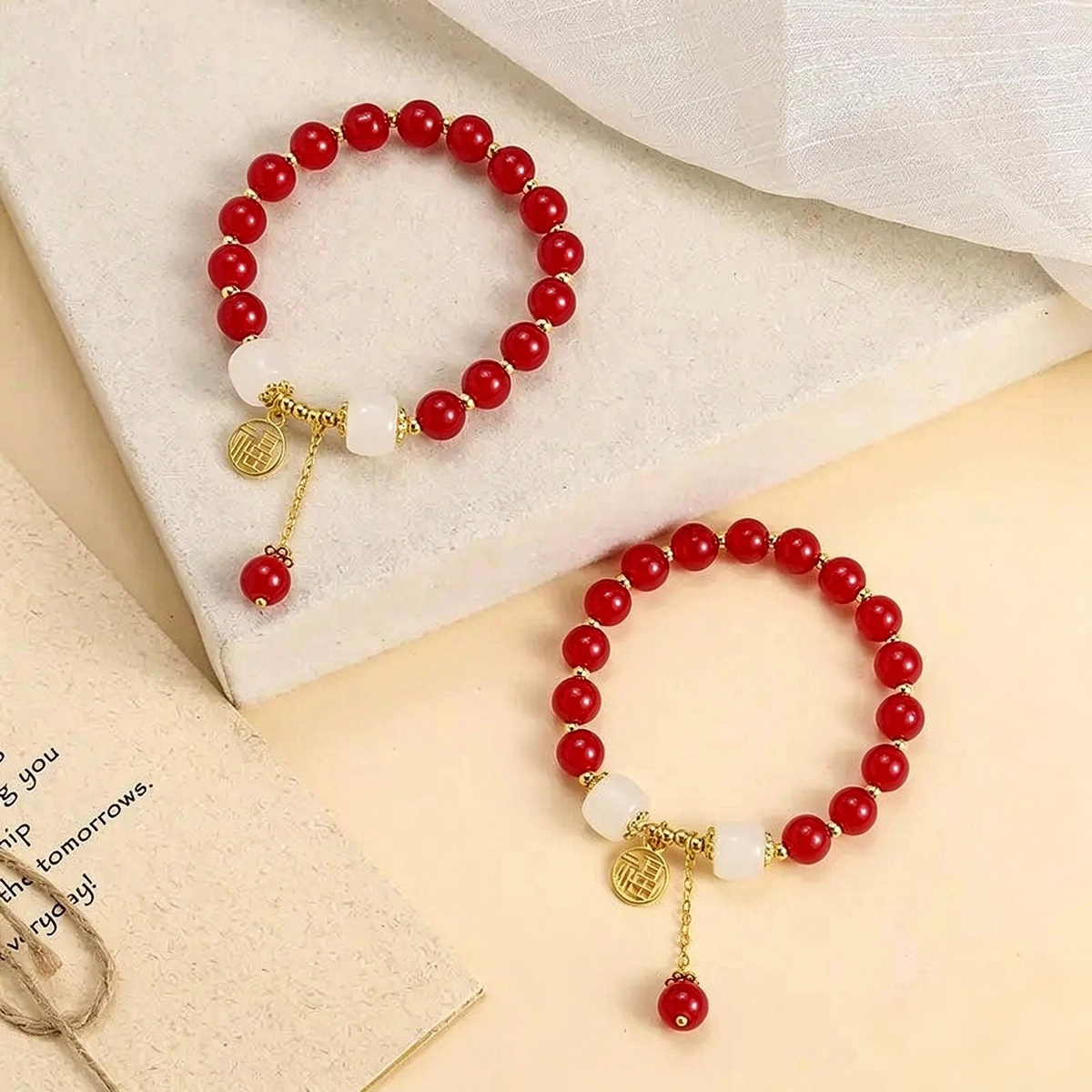 Natural Red Jade Beaded Bracelet , Luxury Gemstone Amulet Talisman Designer Charm Jewelry