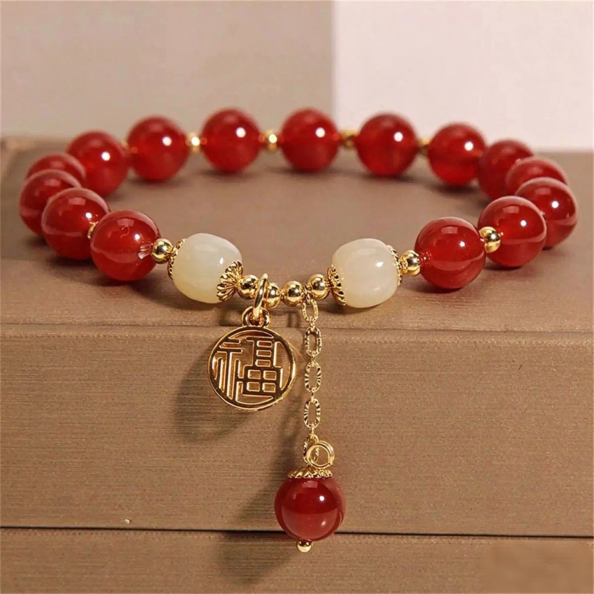 Natural Red Jade Beaded Bracelet , Luxury Gemstone Amulet Talisman Designer Charm Jewelry
