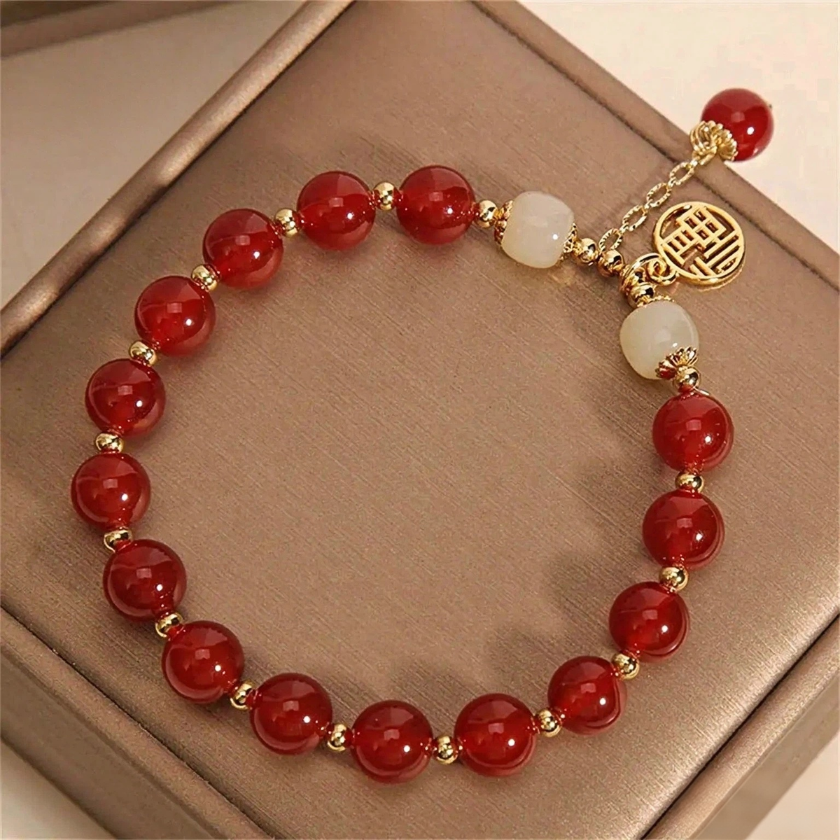 Natural Red Jade Beaded Bracelet , Luxury Gemstone Amulet Talisman Designer Charm Jewelry