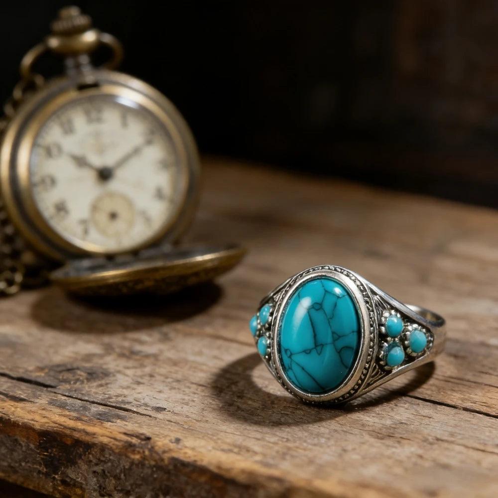 Bohemian Turquoise Statement Ring, Ethnic Niche Couple Ring for Streetwear