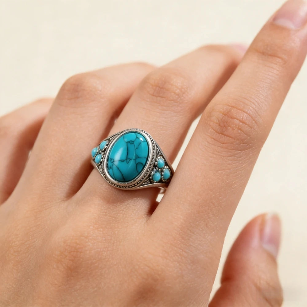 Bohemian Turquoise Statement Ring, Ethnic Niche Couple Ring for Streetwear