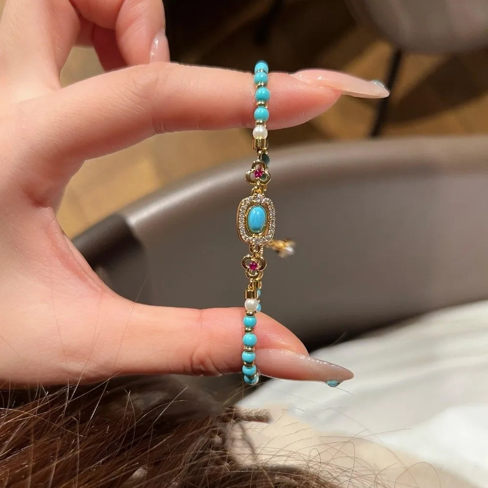 Imitation Turquoise Beaded Bracelet, Adjustable Non-Tarnish Ethnic Fashion Jewelry