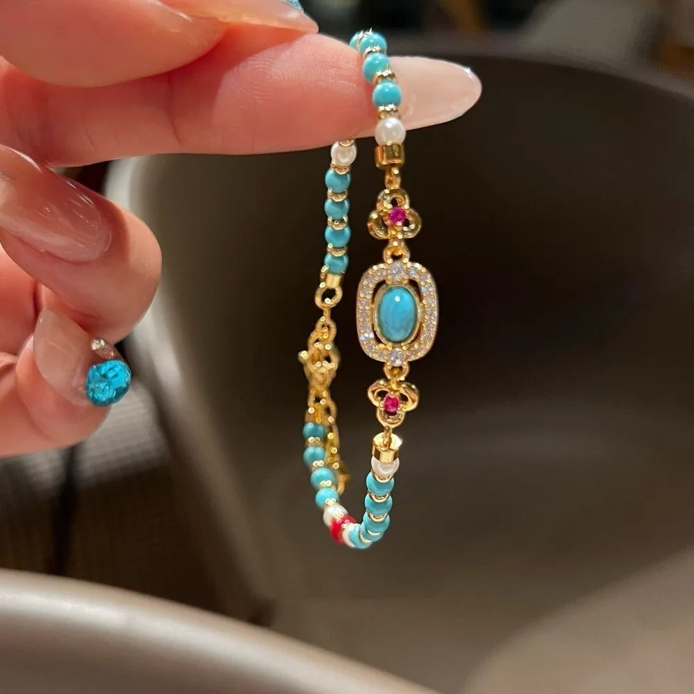 Imitation Turquoise Beaded Bracelet, Adjustable Non-Tarnish Ethnic Fashion Jewelry