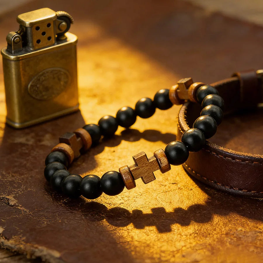 8mm Black Onyx Wooden Cross Bracelet, Prayer Rosary Faith Spiritual Jewelry Gift
