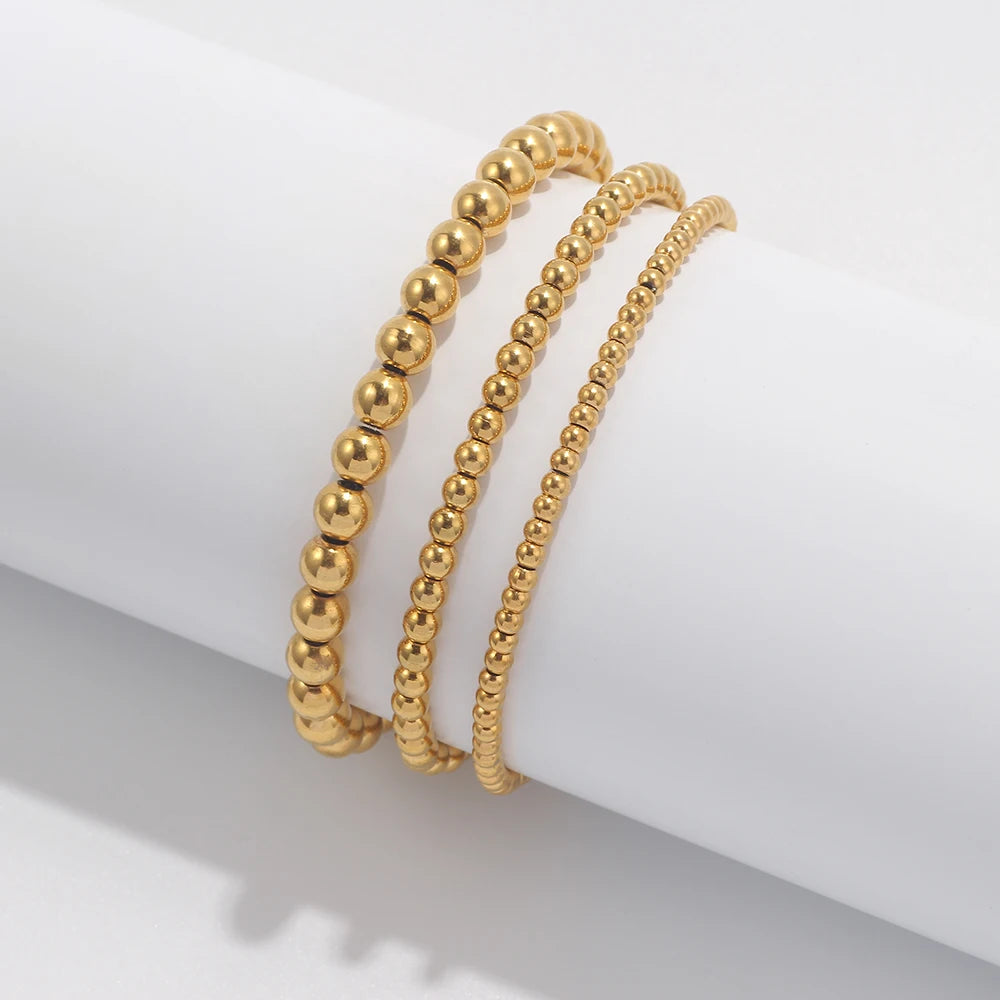 3-Piece 18K Gold Plated Stainless Steel Beaded Cuff Bracelet Set, Trendy Jewelry Gift