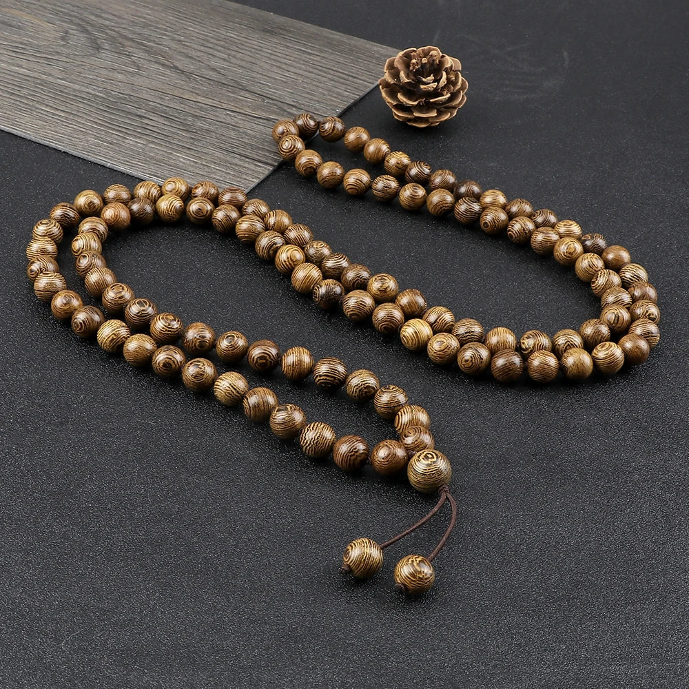 10mm Sandalwood 108 Bead Mala, Buddhist Prayer Rosary Wrap Bracelet Necklace