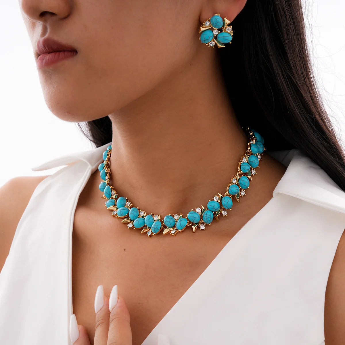 ZAKOL Blue Oval Stone Flower Resin Earring & Necklace Jewelry Set
