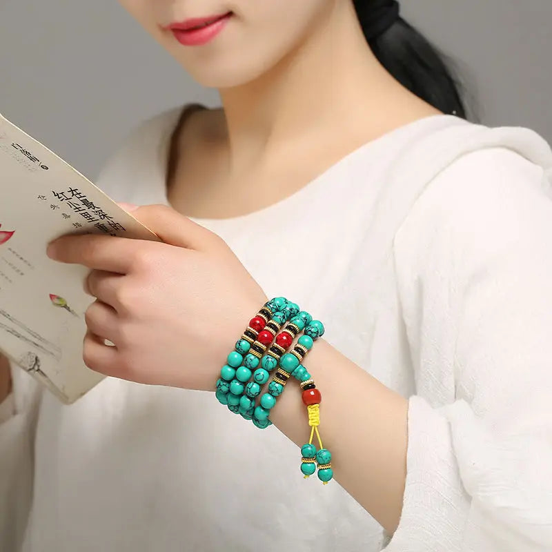 Natural Turquoise 108 Mala Bead Sweater Chain, Multilayer Tassel Bracelet