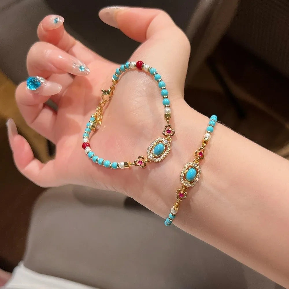 Imitation Turquoise Beaded Bracelet, Adjustable Non-Tarnish Ethnic Fashion Jewelry