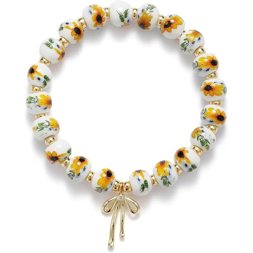 Vintage Bow Flower Gold Beaded Stretch Bracelet, Dainty Romantic Handmade Jewelry