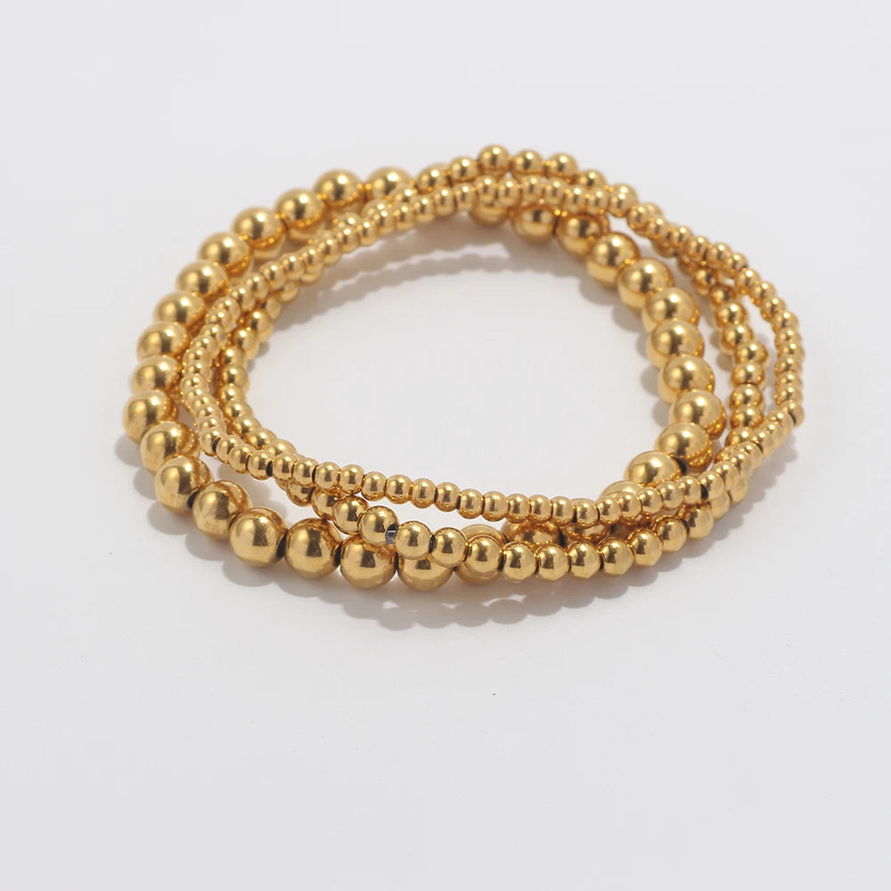 3-Piece 18K Gold Plated Stainless Steel Beaded Cuff Bracelet Set, Trendy Jewelry Gift