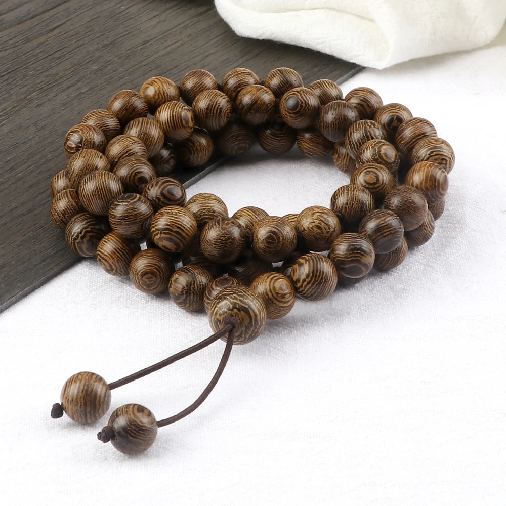10mm Sandalwood 108 Bead Mala, Buddhist Prayer Rosary Wrap Bracelet Necklace