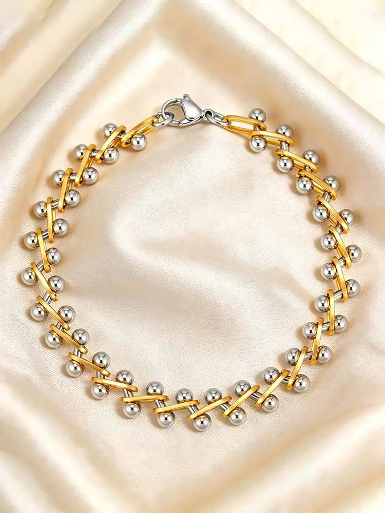 Two-Tone Gold Silver Stackable Beaded Bracelet for Women, Minimalist Layered Trendy Jewelry