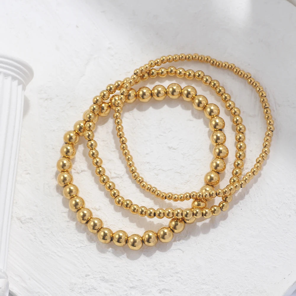 3-Piece 18K Gold Plated Stainless Steel Beaded Cuff Bracelet Set, Trendy Jewelry Gift