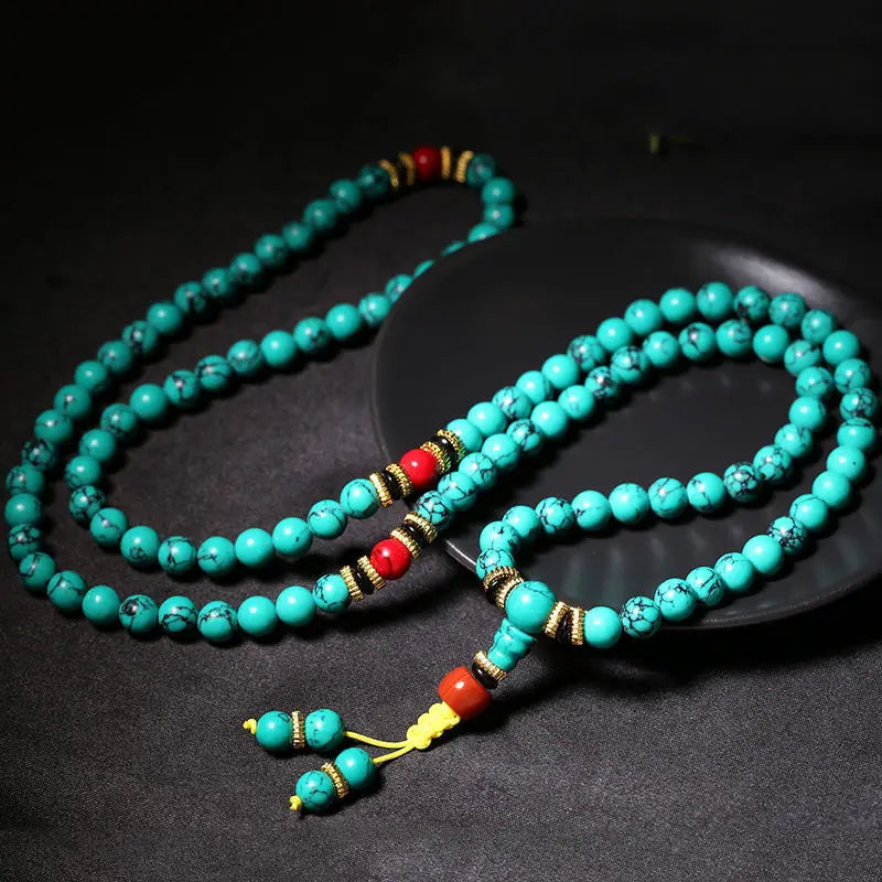 Natural Turquoise 108 Mala Bead Sweater Chain, Multilayer Tassel Bracelet