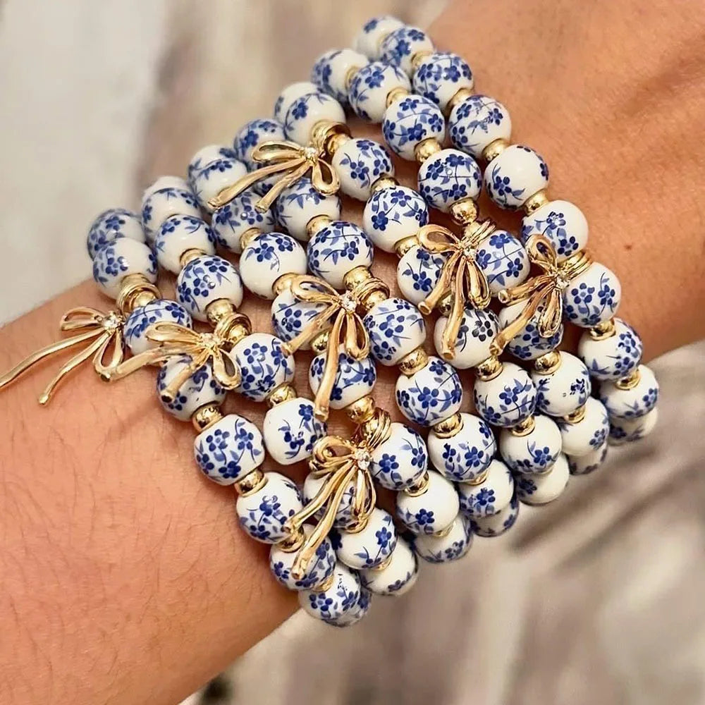 Vintage Bow Flower Gold Beaded Stretch Bracelet, Dainty Romantic Handmade Jewelry