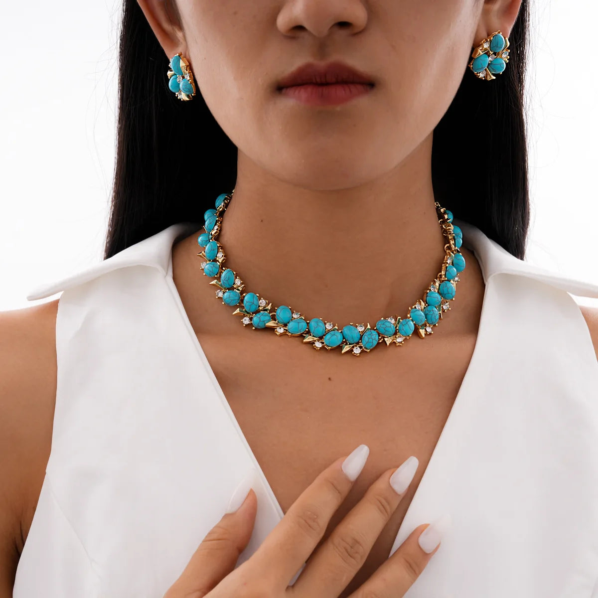 ZAKOL Blue Oval Stone Flower Resin Earring & Necklace Jewelry Set