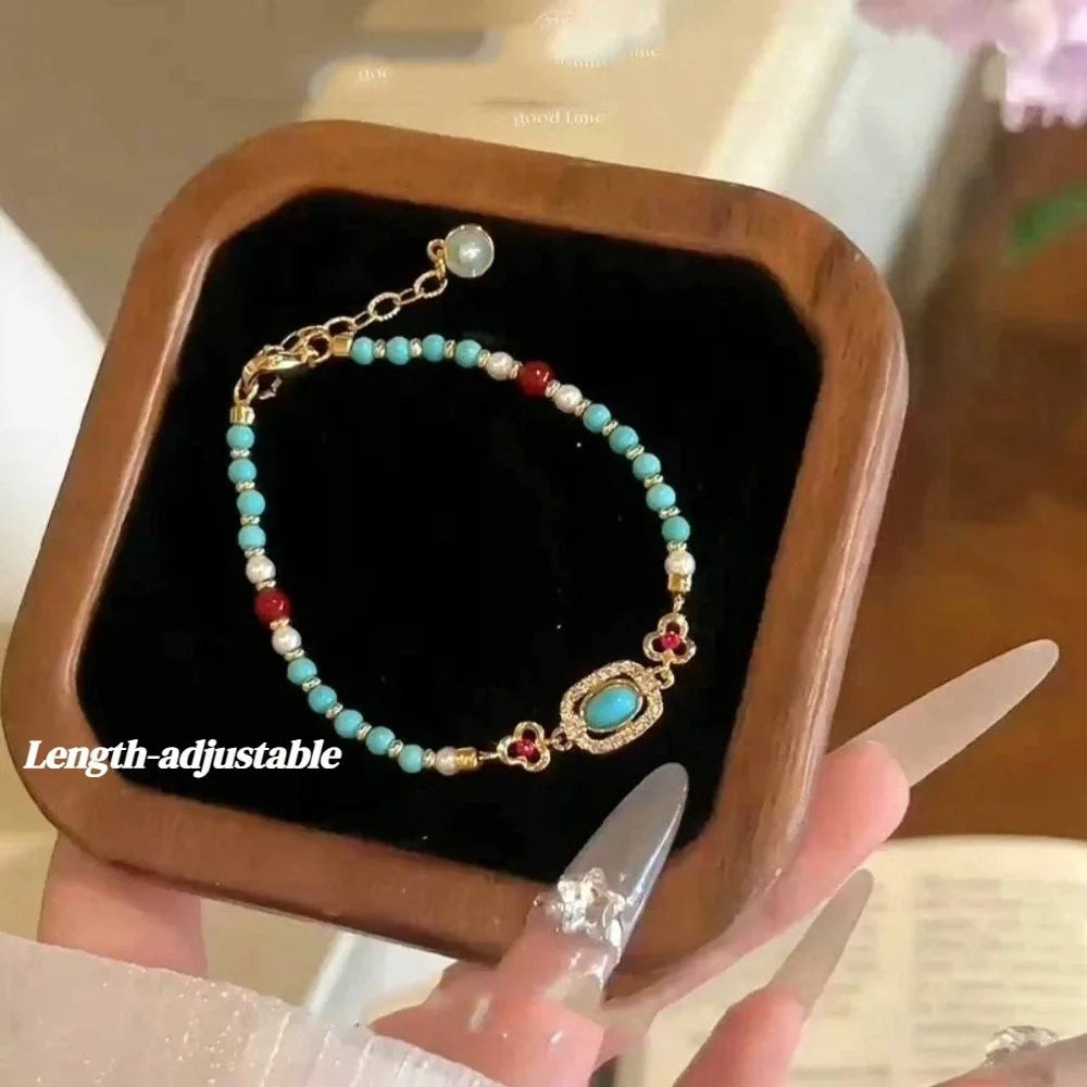 Imitation Turquoise Beaded Bracelet, Adjustable Non-Tarnish Ethnic Fashion Jewelry
