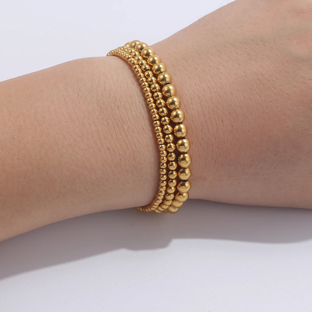 3-Piece 18K Gold Plated Stainless Steel Beaded Cuff Bracelet Set, Trendy Jewelry Gift