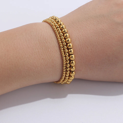 3-Piece 18K Gold Plated Stainless Steel Beaded Cuff Bracelet Set, Trendy Jewelry Gift