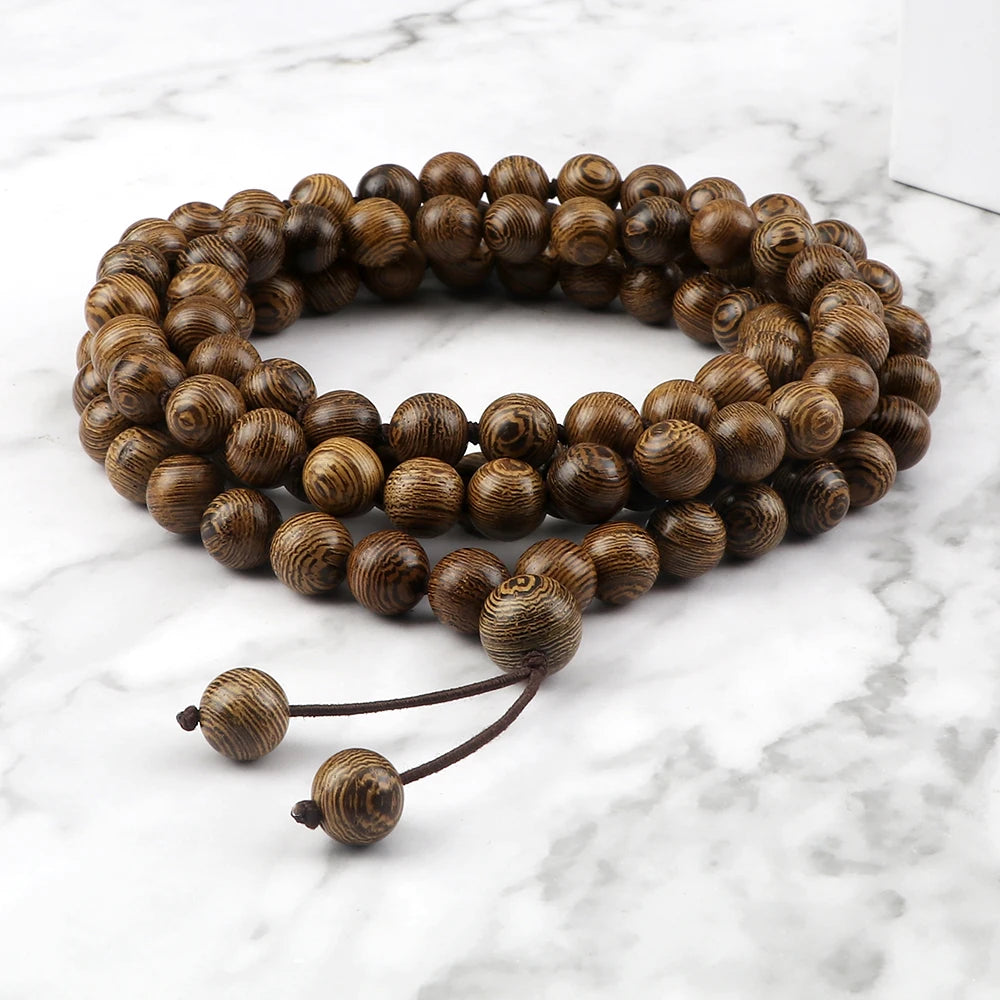 10mm Sandalwood 108 Bead Mala, Buddhist Prayer Rosary Wrap Bracelet Necklace