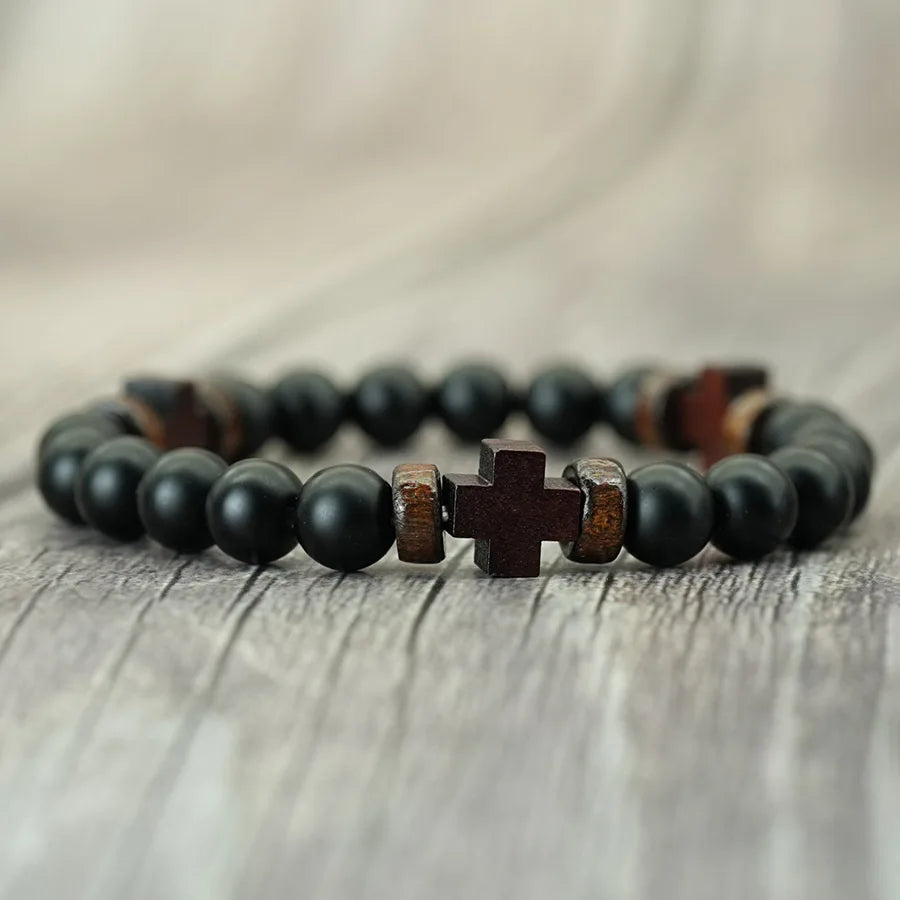 8mm Black Onyx Wooden Cross Bracelet, Prayer Rosary Faith Spiritual Jewelry Gift