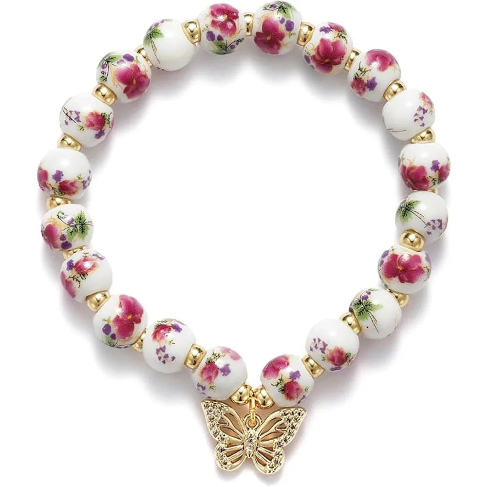 Vintage Bow Flower Gold Beaded Stretch Bracelet, Dainty Romantic Handmade Jewelry