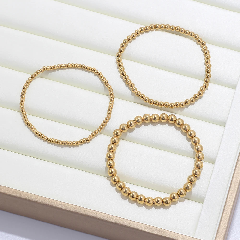 3-Piece 18K Gold Plated Stainless Steel Beaded Cuff Bracelet Set, Trendy Jewelry Gift