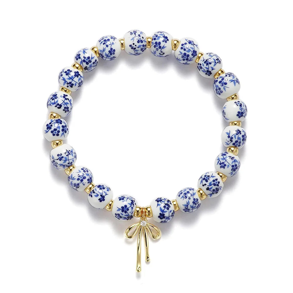 Vintage Bow Flower Gold Beaded Stretch Bracelet, Dainty Romantic Handmade Jewelry