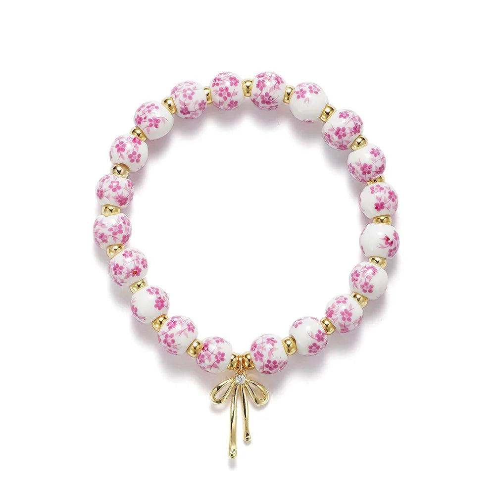 Vintage Bow Flower Gold Beaded Stretch Bracelet, Dainty Romantic Handmade Jewelry