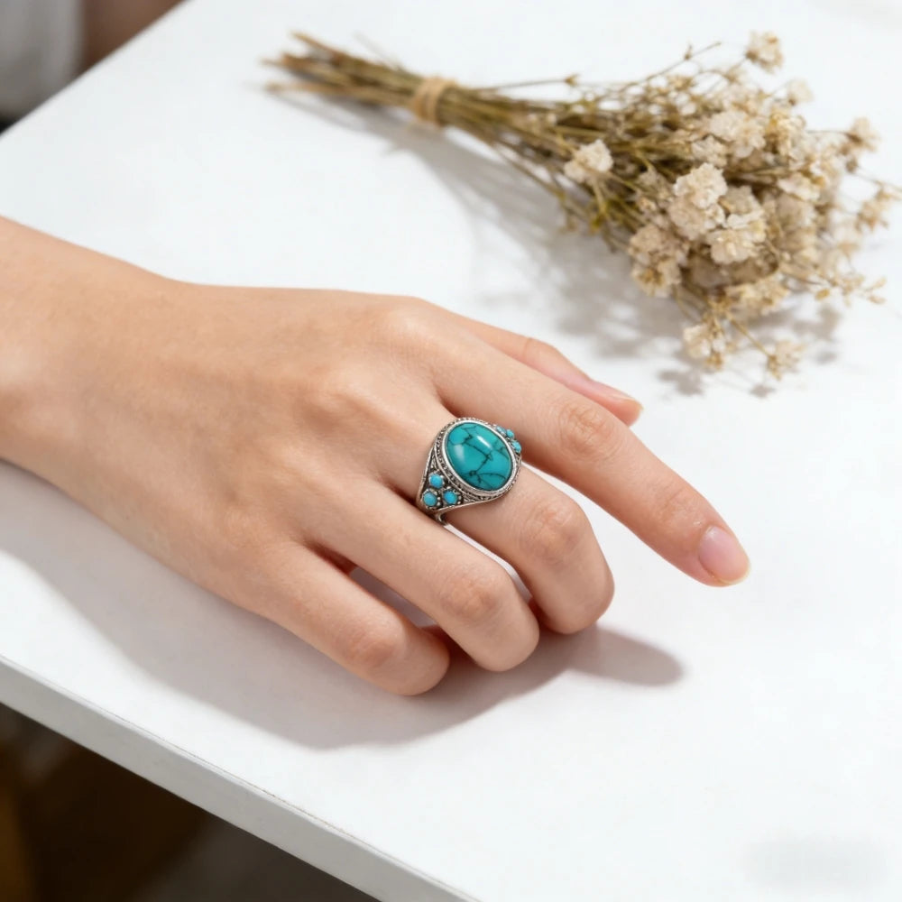 Bohemian Turquoise Statement Ring, Ethnic Niche Couple Ring for Streetwear
