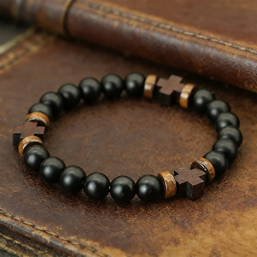 8mm Black Onyx Wooden Cross Bracelet, Prayer Rosary Faith Spiritual Jewelry Gift