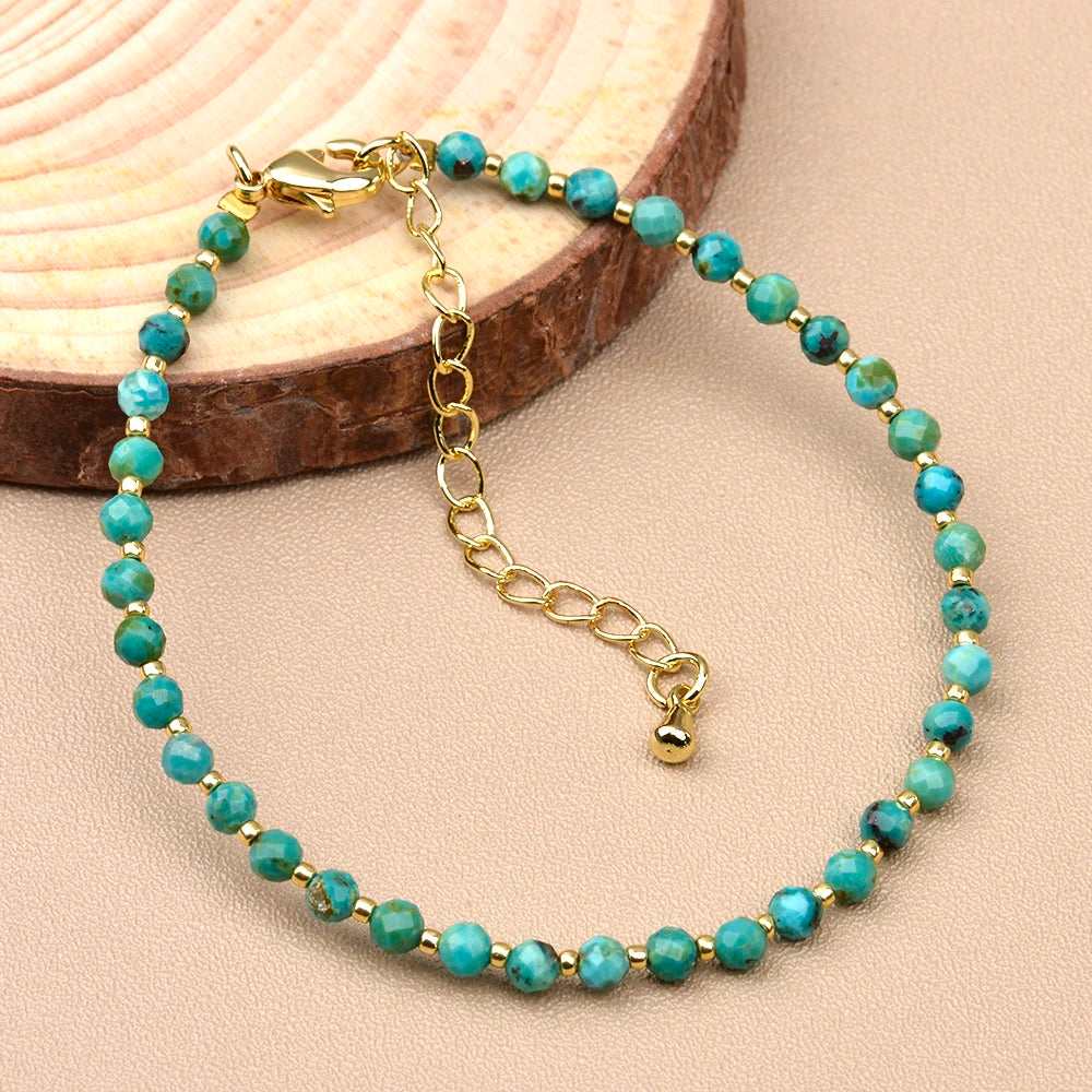 Turquoise & Seed Bead Bracelet, Natural Stone Beaded Bracelet with Brass Clasp