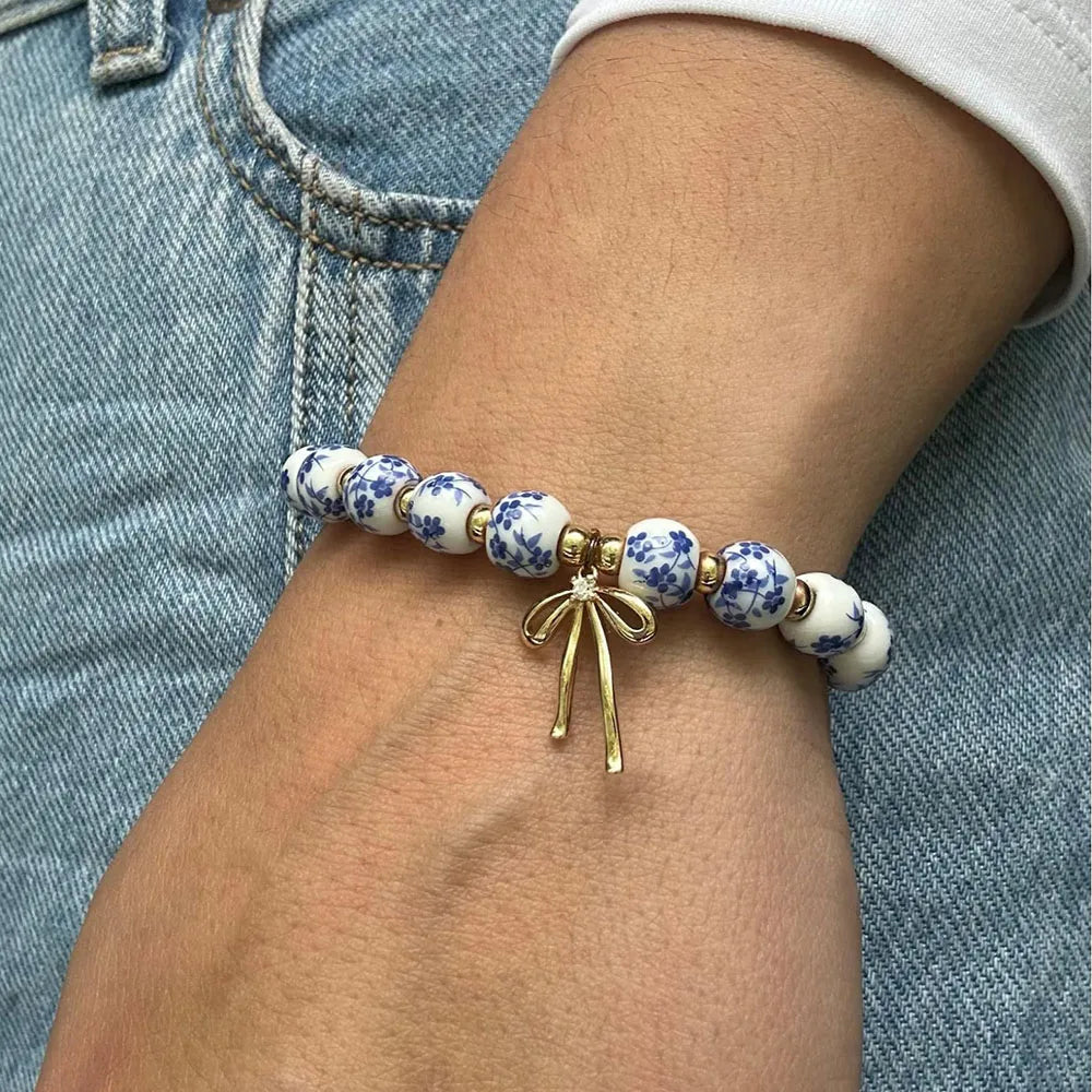 Vintage Bow Flower Gold Beaded Stretch Bracelet, Dainty Romantic Handmade Jewelry