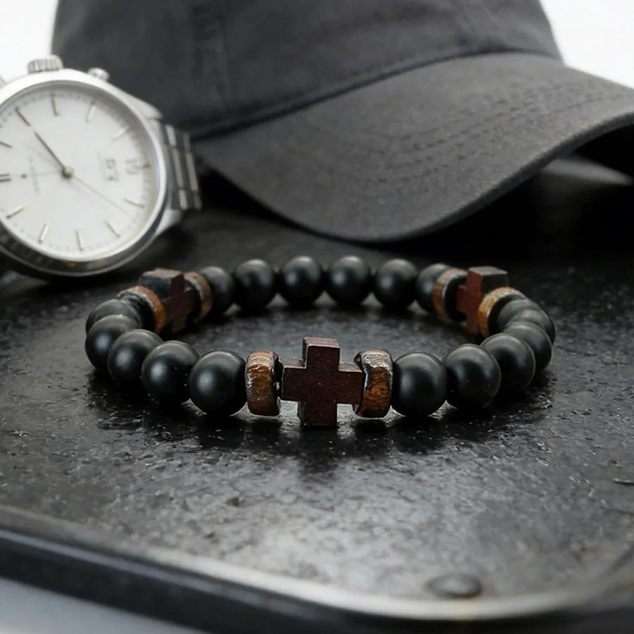 8mm Black Onyx Wooden Cross Bracelet, Prayer Rosary Faith Spiritual Jewelry Gift