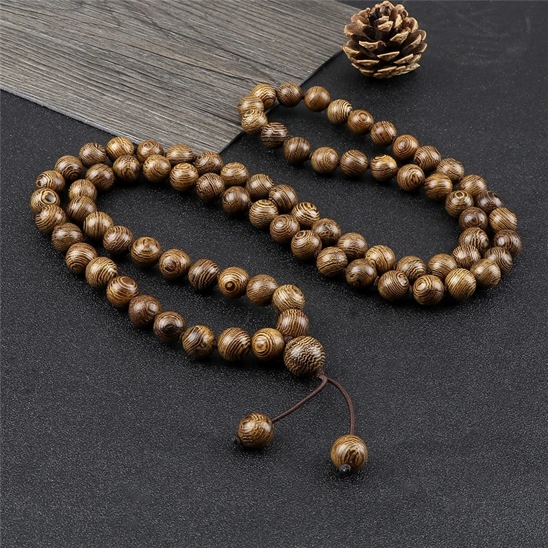 10mm Sandalwood 108 Bead Mala, Buddhist Prayer Rosary Wrap Bracelet Necklace