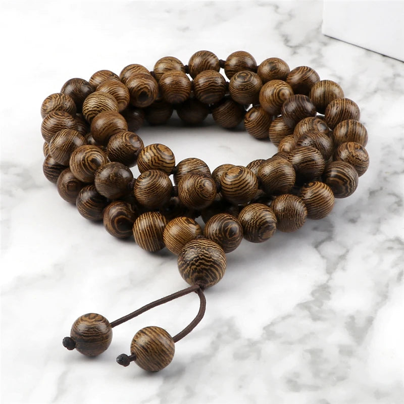 10mm Sandalwood 108 Bead Mala, Buddhist Prayer Rosary Wrap Bracelet Necklace