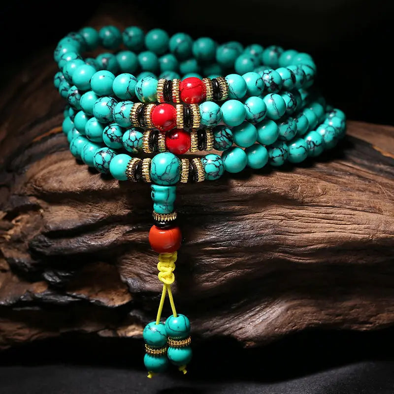 Natural Turquoise 108 Mala Bead Sweater Chain, Multilayer Tassel Bracelet
