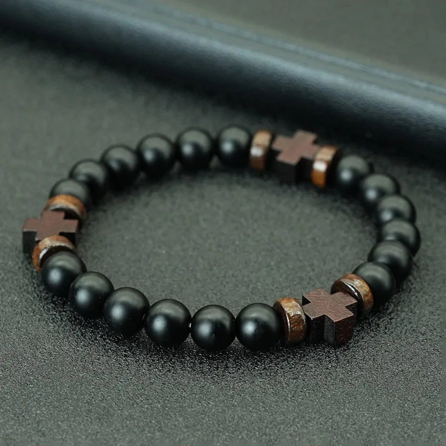8mm Black Onyx Wooden Cross Bracelet, Prayer Rosary Faith Spiritual Jewelry Gift