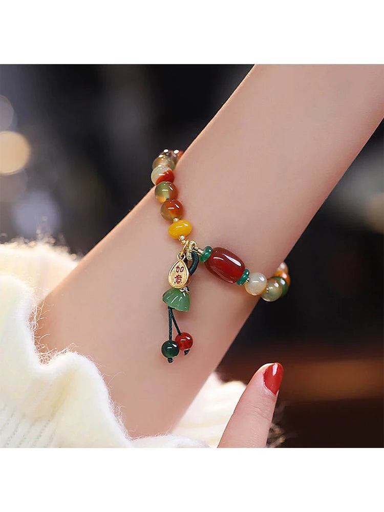 Chinese Style Colorful Natural Stone Beaded Hand Rope, Ethnic Handmade Bracelet